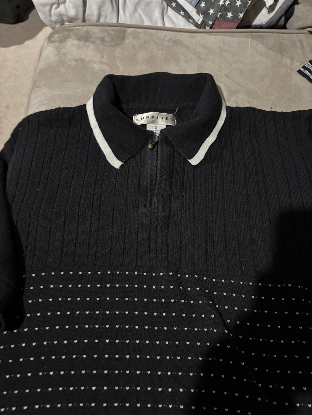 Men's Black Polo-Collar Crewneck Sweater with White Trim